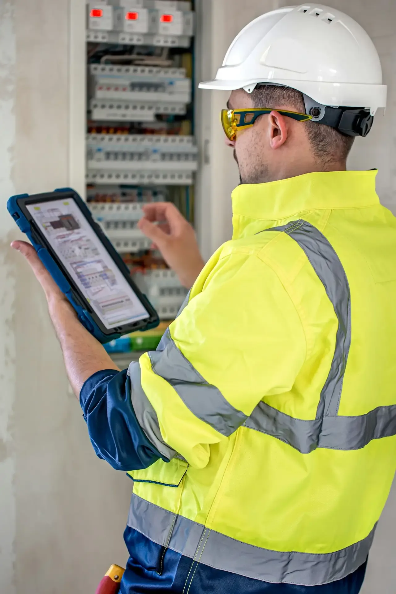 Monteur van de storingsdienst analyseert een besturingskast van een gevellift